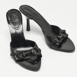 Pre Owned Gucci Black Leather GG Interlocking Slide Sandals Size 36.5