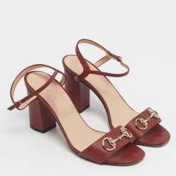 Pre Owned Gucci Burgundy Leather Horsebit Ankle Strap Sandals Size 40