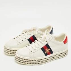 Pre Owned حذاء رياضي غوتشي نيو أيس منصة جلد أبيض مطرز بنحلة مزينة بالكريستال مقاس 38