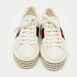 Pre Owned حذاء رياضي غوتشي نيو أيس منصة جلد أبيض مطرز بنحلة مزينة بالكريستال مقاس 38