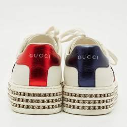 Pre Owned حذاء رياضي غوتشي نيو أيس منصة جلد أبيض مطرز بنحلة مزينة بالكريستال مقاس 38