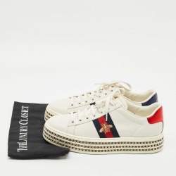 Pre Owned حذاء رياضي غوتشي نيو أيس منصة جلد أبيض مطرز بنحلة مزينة بالكريستال مقاس 38