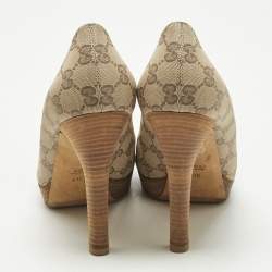 Pre Owned Gucci Beige GG Canvas And Leather Horsebit Peep Toe Pumps Size 41