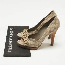 Pre Owned Gucci Beige GG Canvas And Leather Horsebit Peep Toe Pumps Size 41