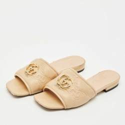 Pre Owned Gucci Beige Leather GG Marmont Flat Slides Size 36