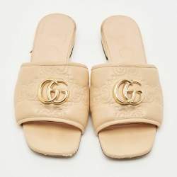 Pre Owned Gucci Beige Leather GG Marmont Flat Slides Size 36