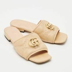 Pre Owned Gucci Beige Leather GG Marmont Flat Slides Size 36