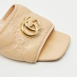 Pre Owned Gucci Beige Leather GG Marmont Flat Slides Size 36