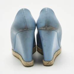 Pre Owned Gucci Sky Blue Leather Horsebit Wedge Pumps Size 38