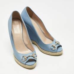 Pre Owned Gucci Sky Blue Leather Horsebit Wedge Pumps Size 38