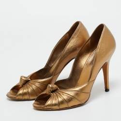 Pre Owned Gucci Metallic Bronze Leather Knot Peep Toe Pumps Size 41