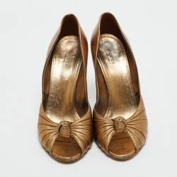 Pre Owned Gucci Metallic Bronze Leather Knot Peep Toe Pumps Size 41