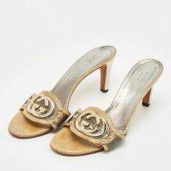 Pre Owned Gucci Grey/Olive Green Croc Embossed  and Lizard Embossed Interlocking G Slide Sandals Size 37.5