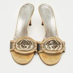 Pre Owned Gucci Grey/Olive Green Croc Embossed  and Lizard Embossed Interlocking G Slide Sandals Size 37.5