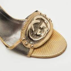 Pre Owned Gucci Grey/Olive Green Croc Embossed  and Lizard Embossed Interlocking G Slide Sandals Size 37.5