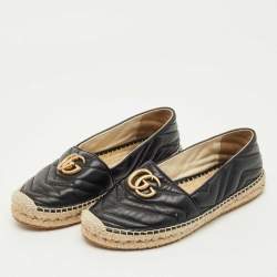 Pre Owned Gucci Black Leather GG Marmont Espadrille Flats Size 37.5