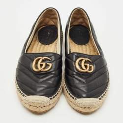Pre Owned Gucci Black Leather GG Marmont Espadrille Flats Size 37.5