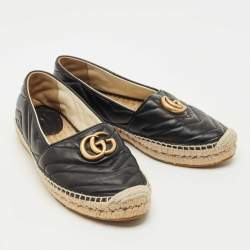 Pre Owned Gucci Black Leather GG Marmont Espadrille Flats Size 37.5