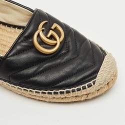 Pre Owned Gucci Black Leather GG Marmont Espadrille Flats Size 37.5