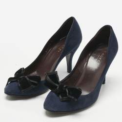 Pre Owned Gucci Navy Blue Suede and Velvet Bow Pumps Size 36.5