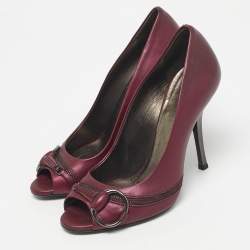 Pre Owned Gucci Plum Leather Flyod Horsebit Detail Peep Toe Pumps Size 36.5