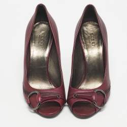 Pre Owned Gucci Plum Leather Flyod Horsebit Detail Peep Toe Pumps Size 36.5