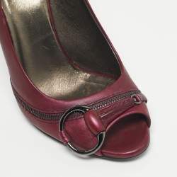 Pre Owned Gucci Plum Leather Flyod Horsebit Detail Peep Toe Pumps Size 36.5