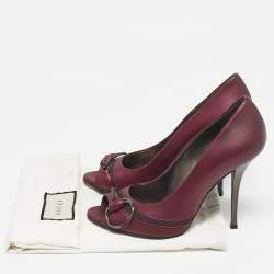 Pre Owned Gucci Plum Leather Flyod Horsebit Detail Peep Toe Pumps Size 36.5