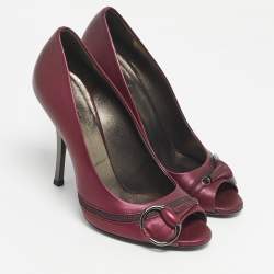Pre Owned Gucci Plum Leather Flyod Horsebit Detail Peep Toe Pumps Size 36.5
