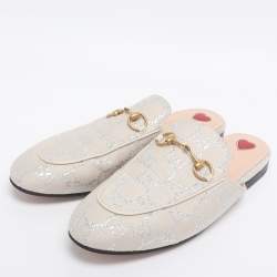 Pre Owned Gucci Cream Canvas Princetown Horsebit Mules Size 38.5