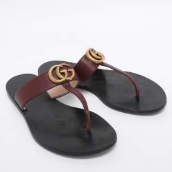 Pre Owned Gucci Burgundy Leather GG Marmont Thong Flats Size 36