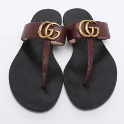 Pre Owned Gucci Burgundy Leather GG Marmont Thong Flats Size 36