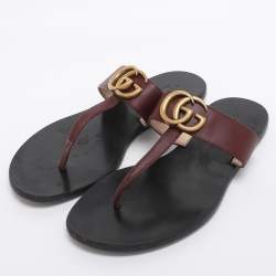 Pre Owned Gucci Burgundy Leather GG Marmont Thong Flats Size 36