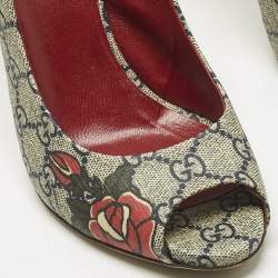 Pre Owned Gucci Beige/Navy Blue GG Supreme Canvas Heart Tattoo Peep Toe Slingback Sandals Size 39