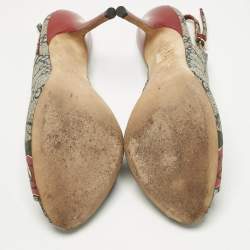 Pre Owned Gucci Beige/Navy Blue GG Supreme Canvas Heart Tattoo Peep Toe Slingback Sandals Size 39