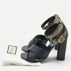 Pre Owned Gucci Navy Blue/Grey Leather and Snakeskin Ankle Strap Sandals Size 38