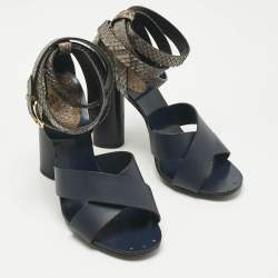 Pre Owned Gucci Navy Blue/Grey Leather and Snakeskin Ankle Strap Sandals Size 38
