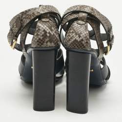 Pre Owned Gucci Navy Blue/Grey Leather and Snakeskin Ankle Strap Sandals Size 38