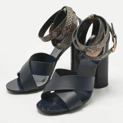 Pre Owned Gucci Navy Blue/Grey Leather and Snakeskin Ankle Strap Sandals Size 38