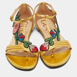 Pre Owned Gucci Gold Leather Ophelia Floral Embroidered Flat Sandals Size 34.5