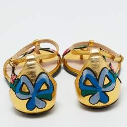 Pre Owned Gucci Gold Leather Ophelia Floral Embroidered Flat Sandals Size 34.5