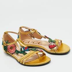 Pre Owned Gucci Gold Leather Ophelia Floral Embroidered Flat Sandals Size 34.5