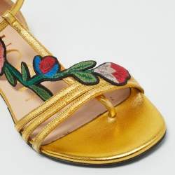 Pre Owned Gucci Gold Leather Ophelia Floral Embroidered Flat Sandals Size 34.5