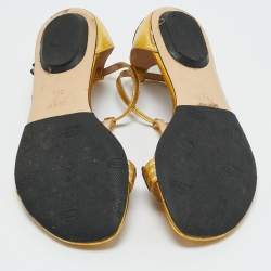 Pre Owned Gucci Gold Leather Ophelia Floral Embroidered Flat Sandals Size 34.5