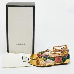 Pre Owned Gucci Gold Leather Ophelia Floral Embroidered Flat Sandals Size 34.5