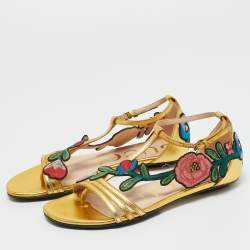 Pre Owned Gucci Gold Leather Ophelia Floral Embroidered Flat Sandals Size 34.5