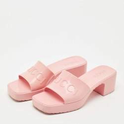 Pre Owned Gucci Pink Rubber Embossed Logo Block Heel Slide Sandals Size 37