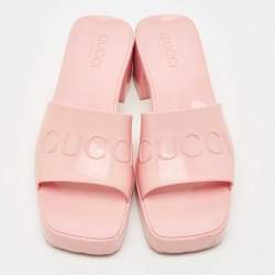 Pre Owned Gucci Pink Rubber Embossed Logo Block Heel Slide Sandals Size 37
