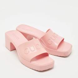 Pre Owned Gucci Pink Rubber Embossed Logo Block Heel Slide Sandals Size 37