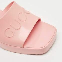 Pre Owned Gucci Pink Rubber Embossed Logo Block Heel Slide Sandals Size 37